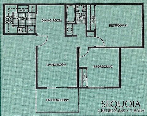 Floor plan for 2 beds, 1 bath, 754 sqft